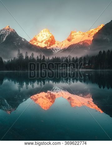 Morning Fog Over Scenery Lake At Schiederweiher In Upper Austria