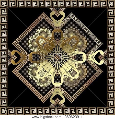 Textured Gold 3d Greek Vector Seamless Pattern. Floral Ornamental Geometric Background. Repeat Ornat