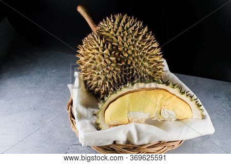 Close Up Durian The King Of Fruit In Thailand On Wooden Basket.summer Tropical Thai Traditional Frui