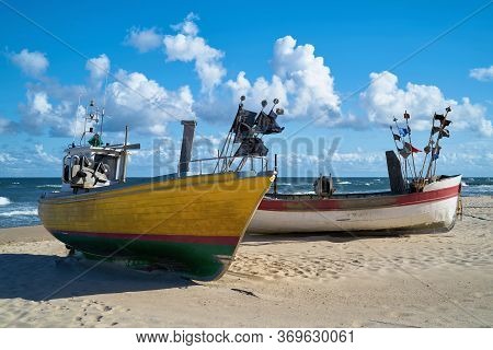 Fishing Boats On The Beach Of The Baltic Sea Near Rewal In Poland