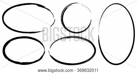 Oval Drawn By Brush, Black Paint. Vector Drawing Of A Dirty Circular Doodles. Stock Photo.