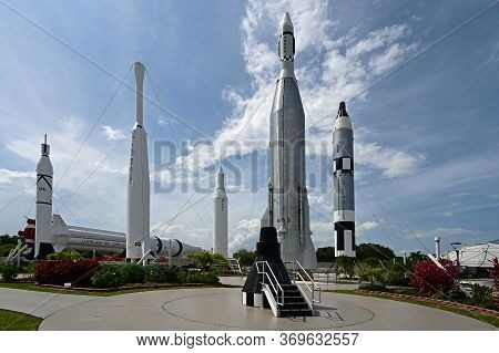 Kennedy Space Center, Merritt Island, Florida - May 30, 2020 - Historical Rockets On Display At Visi