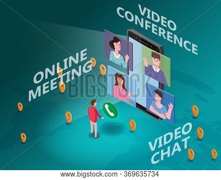 Online Meeting Team Video Conference Man On Screen Phone Talking By Internet In Videocall, Chat, Iso