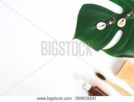 The Concept Of Zero Waste. Bamboo Toothbrush, Monstera Leaf