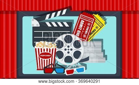 Cinema Poster Template. Red Curtain On Stage Of Theater. Screen, Premiere Of Film. Row Of Soft Red A