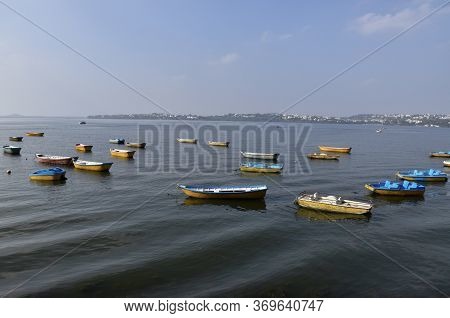 Small Multi Color Boats Sailing In The Lake, Bhopal