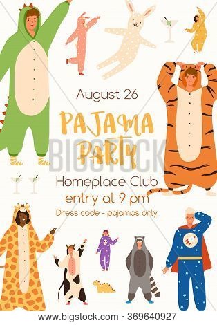 Announcement Of Pajama Party Poster Vector Flat Illustration. Colorful Man And Woman In Funny Onesie