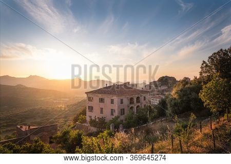 Sunset Over The Village Of Belgodere In Corsica