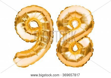 Number 98 Ninety Eight Made Of Golden Inflatable Balloons Isolated On White. Helium Balloons, Gold F