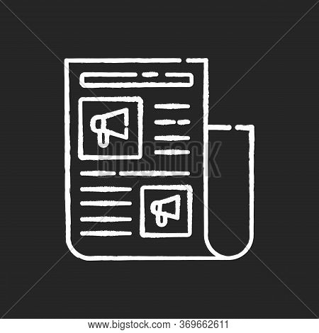Advertorial Chalk White Icon On Black Background. Native Advertisement In Newspaper. News For Engage
