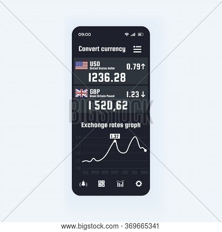 Currency Conversion Smartphone Interface Vector Template. Mobile App Page Black Design Layout. Money