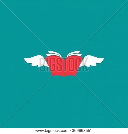 Red Open Book With Wings Isolated On Bluebackground. Vector Flat Illustration.