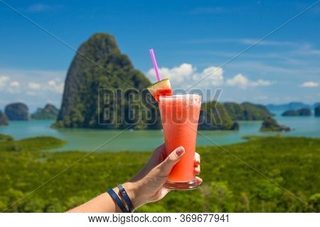 Fresh Watermelon Shake On The Background Of The Bay Of Phan Nga, Thailand. Watermelon Cocktail On A 