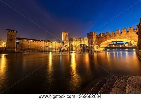 Castelvecchio And Ponte Scaligero (old Castle And Scaligero Bridge), At Night With The River Adige I