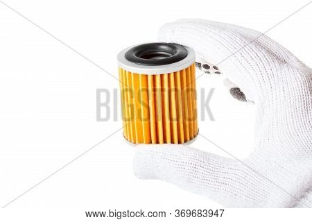 Car Filter Yellow Color In Hand With White Gloves Side View Isolated On White Background With Empty 