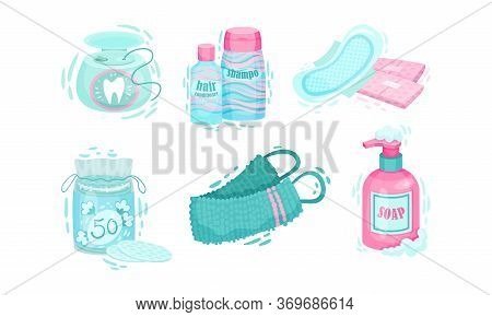 Personal Hygiene Items With Cotton Pads And Dental Floss Vector Set