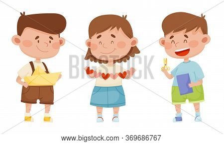Children Holding Scissors And Doing Paper Craft Vector Illustrations Set