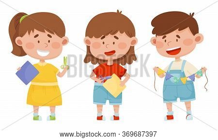 Children Holding Scissors And Doing Paper Craft Vector Illustrations Set