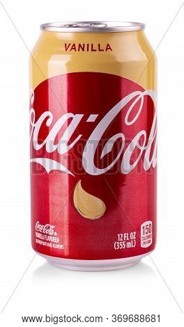 Kamchatka, Russia - April 23, 2020: Coca Cola Vanilla, Can Of Coca Cola Vanilla, Closeup Of Aluminum