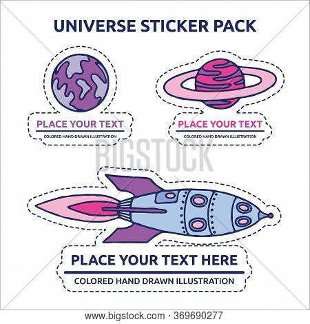 Purple Earth, Pink Planet And Blue Rocket Sticker Univerce Vector Cartoon Illustration Space Cosmos 