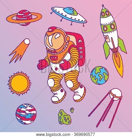 Set Of Galaxy Cosmic Elements Astronaut, Earth, Satellite, Comet, Planet, Sun, Rocket And Meteorite 