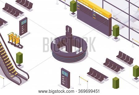 Isometric Airport Or Train Station Information Counter Desk Interior Scene.