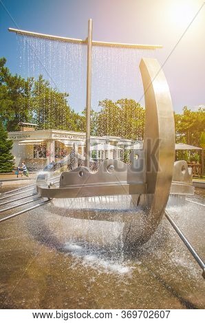 06 August 2019, Gelendgik, Russia. Beautiful Fountain Composition In A Shape Of A Ship On City Prome