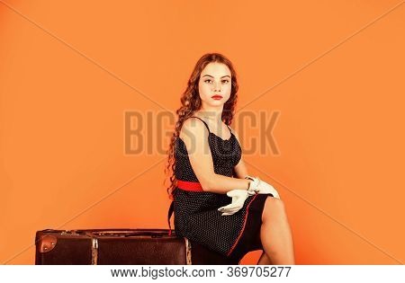 Stylish And Confident. Travel Bag Accessory. Wanderlust And Adventure. Traveler Kid Sit On Vintage S