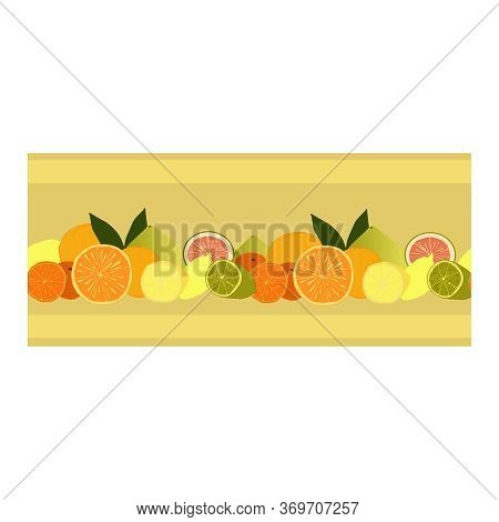 Seamless Border, An Ornament With Painted Citrus Fruits Of Orange, Lime, Mandarin, Pomelo, Lemon On 
