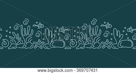 Seamless Border Under Water. Marine Vector Motif . Doodle Of The Underwater World, Sea, Ocean, River