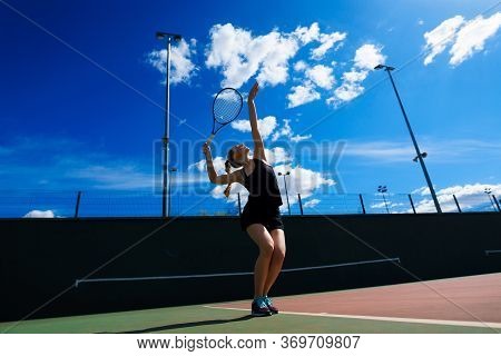 Happy Beautiful Sexy Girl Playing Tennis On The Court. Sport And Recreation, Leisure