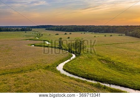 Aerial View Of Meandering Lowland River Koningsdiep Near Beetsterzwaag In The Netherlands