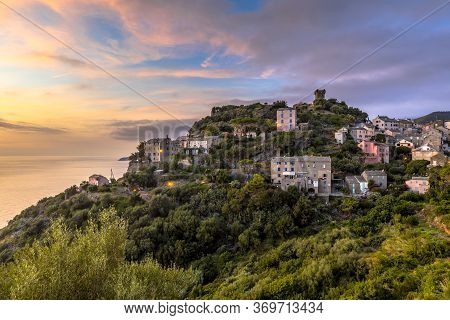 Mountain Village Of Nonza With View Over The Mediteranean Sea On Cap Corse, Corsica, France