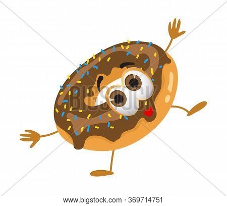 Funny Donut With Eyes On White Background, Funny Products Series, Flat Vector Illustration
