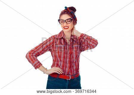 Tired Woman Having Pan In Neck. Closeup Portrait Of A Beautiful Girl In Red Checkered Shirt And Jean