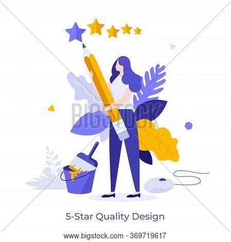 Woman Holding Pencil And Draw 5 Starts With It. Concept Of Evaluation Of Design Quality, Professiona