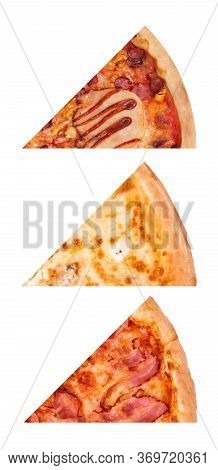 Set Of Three Different Slices Of Tasty Italian Pizza: Bbq, Quattro Formaggi And Pizza With Bacon, Is
