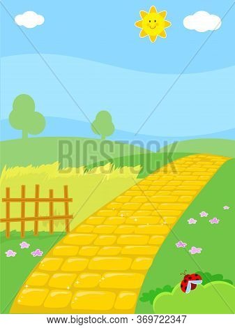 Cartoon Yellow Brick Road In Countryside, Vector Illustration Background For Kids