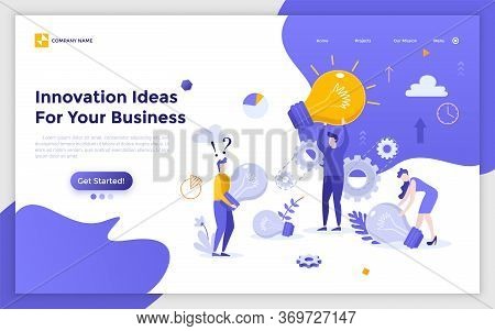 Landing Page With Group Of People, Clerks Or Office Workers Carrying Giant Light Bulbs. Innovative I