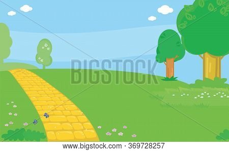 Cartoon Yellow Brick Road In Countryside, Vector Illustration Background For Children