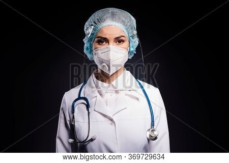 Portrait Photo Of Serious Infection Disease Doc Experienced Surgeon Wear Medical Stethoscope Lab Coa