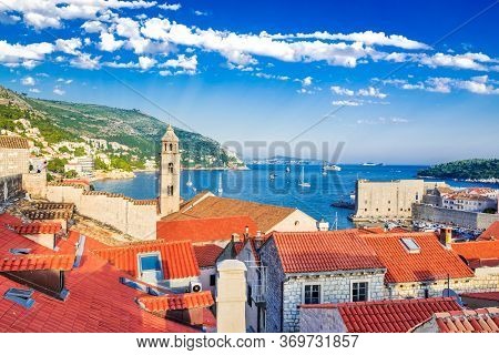 Dubrovnik, Croatia. Stunning View Of Ragusa City Walls, The Famous Unesco World Heritage Site In Cro