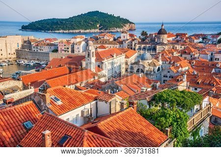 Dubrovnik, Croatia. Stunning View Of Ragusa City Walls, The Famous Unesco World Heritage Site In Cro