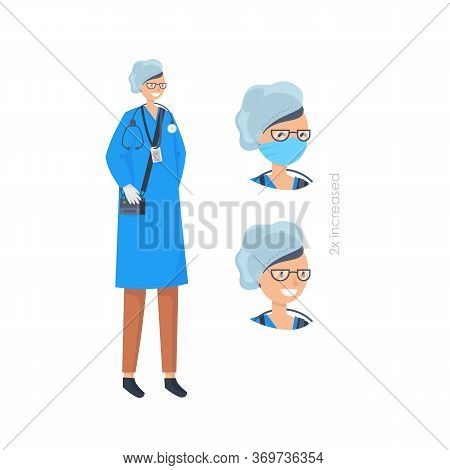 Doctors Without Mask And In Mask. Medical Workers On A White. Anesthetist. Hospital Staff. Vector Il
