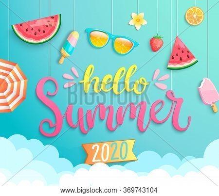 Hello Summer 2020 Greeting Banner Wih Hot Season Elements. Invitation Poster With Strawberry, Ice Cr