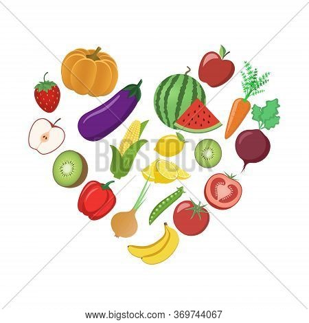 Heart Shaped Vegetables And Fruits. Vector Illustration
