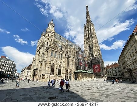 Vienna, Austria - June 3, 2020: People Walking On Stephansplatz In Front Of St. Stephens Cathedral. 
