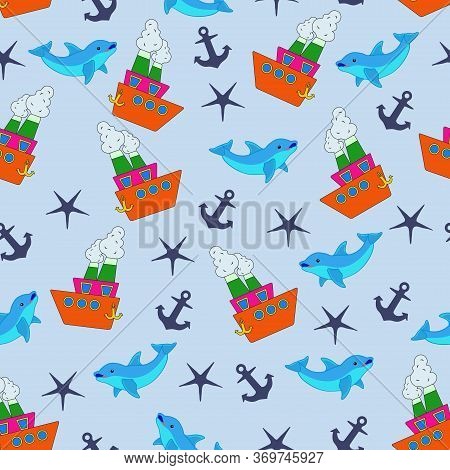 Marine Cartoon Seamless Pattern. With The Image Of A Boat, A Dolphin, Anchors And A Star. Vector Ill