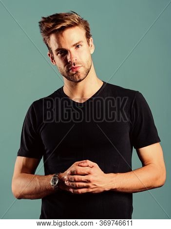 Keep Punctual. Confident Macho Luxurious Watch Blue Background. Watches Are Convenient. Status And R