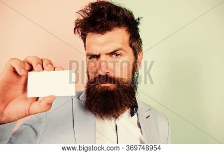 Self Presentation. Serious Bearded Man Business Card. Copy Space. Mature Businessman. Blank Piece Of